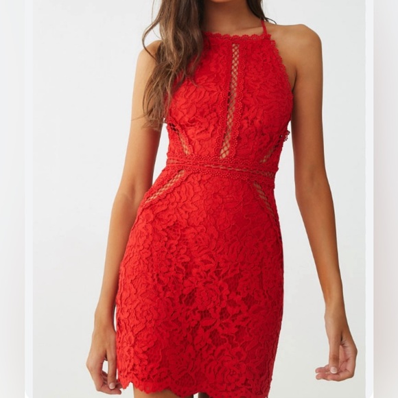 Red Lace Halter Dress - Picture 1 of 4